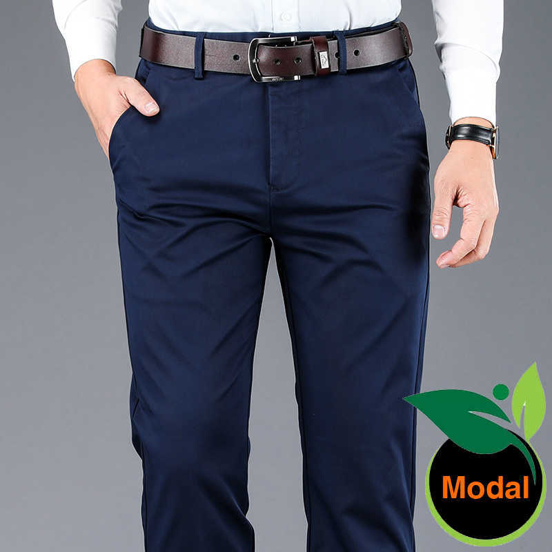 

4 Color Men's Business Casual Pants Modal Fabric Straight High Quality Trousers Male Brand Navy Light Grey Khaki Black 210616, Regular-black