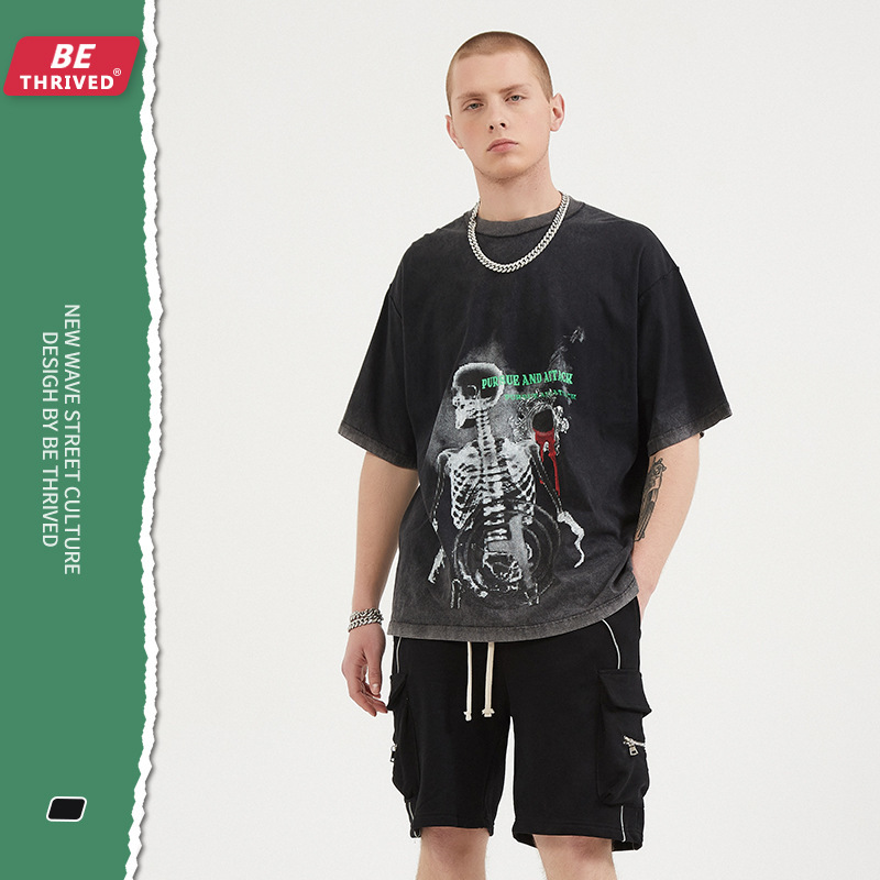 

be men's wear | 2021 spring and summer gradual redo old skeleton print short sve high street fashion brand t-shirt, White;black