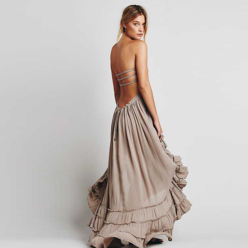 

Summer Sexy Backless Bandage Wrap Chest Boho Beach Dress Women Elegant Bohemian Robe Femme Casual Party Maxi dresses, Black;gray