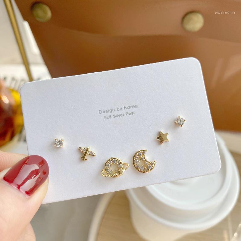 

Stud 14k Real Gold Plated Jewelry Planet Moon Airplane Zircon Earrings For Woman Small Six-piece Set Luxury Daily Earring, Golden;silver