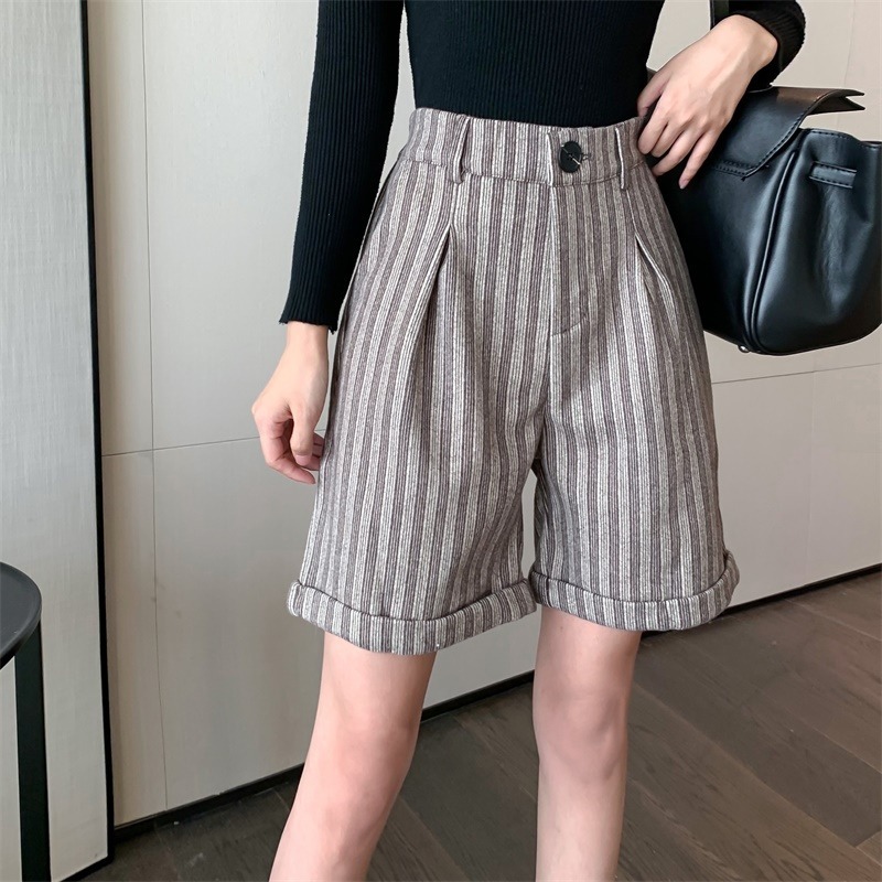 

high waist vertical stripes fashion Joker slim loose wide leg casual shorts women's spring style women pants 210429, Beige