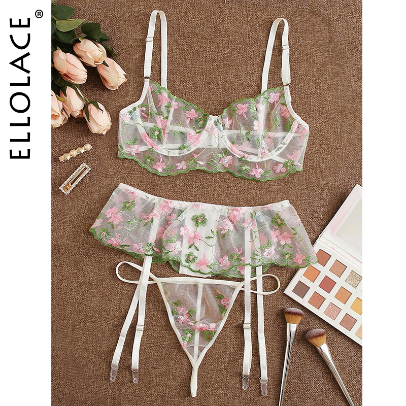 

Sexy Lingerie Set Floral Embroidery Sensual Lingerie Women 3 Piece Set Underwear Women Transparent Sexy Exotic Costumes, Red