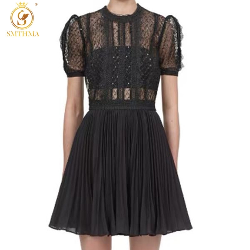 

Fashion Black Lace Hollow Out Short Sleeve Summer Dresses Women' O-Neck Pleated Dress Vestidos 210520, Photo color