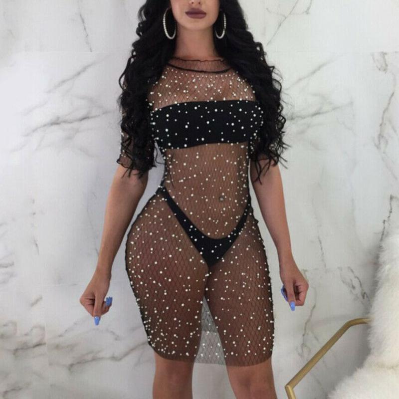 

Women Sequins Crystal Mesh See-through Dress Bikini Cover Up Hollow Half Sleeve Ruffle Mini Swimwear Bathing Suit For Lady Sarongs