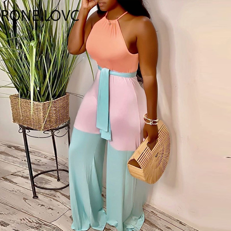

Women Sleeveless Halter Contrast Color with Sashes Jumpsuits Casual Sexy vacation Jumpsuits, Pink