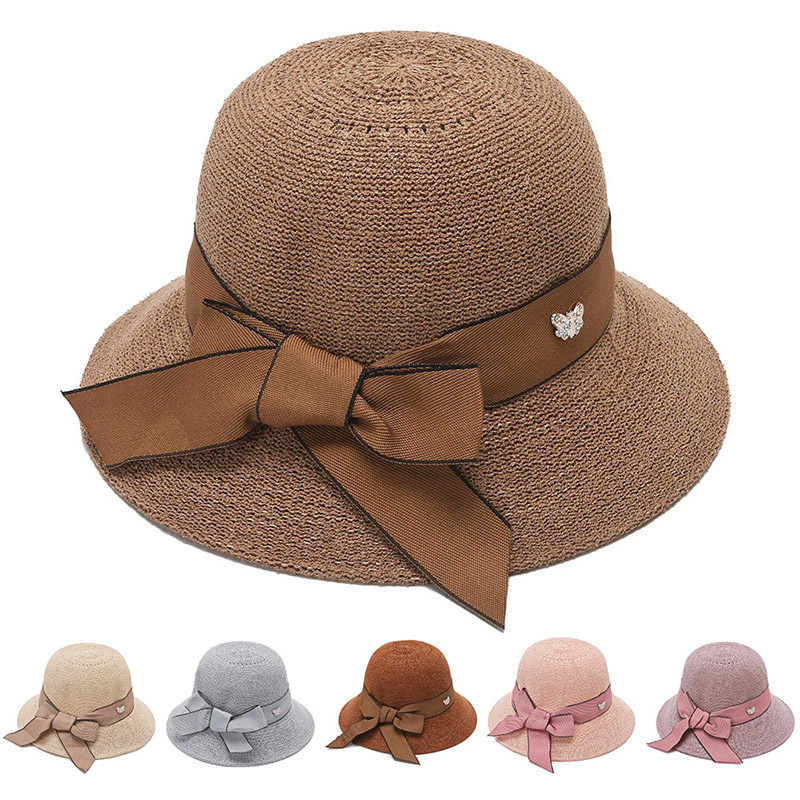 

Female Sun-Proof Summer Sun Beach Hat Seaside Big Brim Bow Dome Woven Straw Wholesale, Khaki