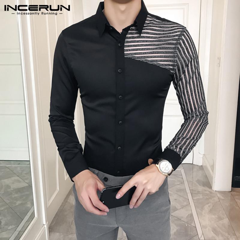 

Men Striped Shirts Man Black Transparent Shirt Hombre Casual Long Sleeve Lapel Camisa Fashion Patchwork Blusas Plus Size Men