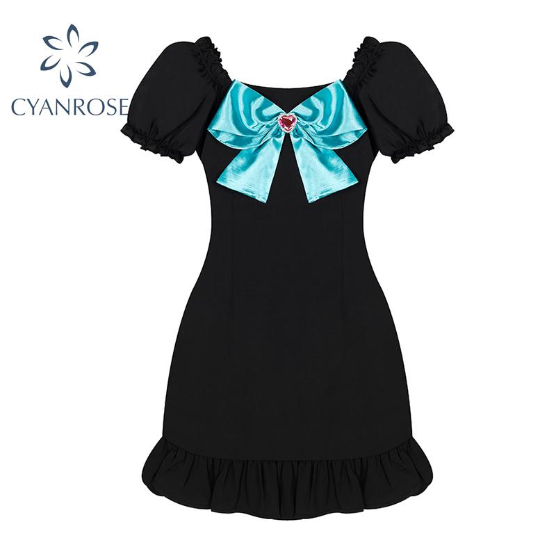 

Casual Dresses Women's Chic Short Sleeve Fishtail Dress Bow Slim Temperament Fit Fashion Tide Summer 2021 Strewwtwear Female Clothing, Black;gray