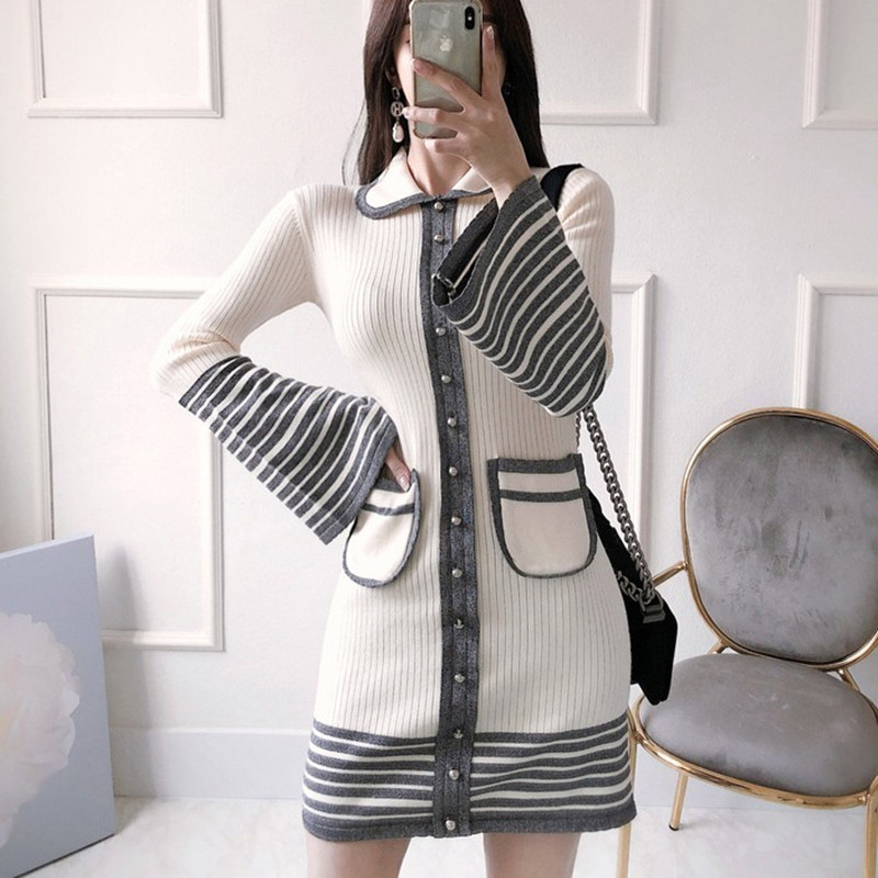 

ZAWFL Fashion Single-Breasted Mini Dress Women Flare Sleeve Knitting Dresses Spring Peter Pan Collar Slim Office Lady Vestidoes 210525, Picture color