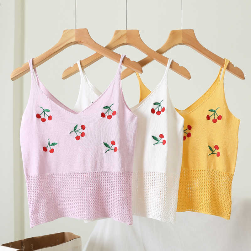

Cute Sweet Women Crop Tops Casual Slim Cherry Embroidery Spaghetti Strap Sreetwear Summer Lady Tank W159 210526, White