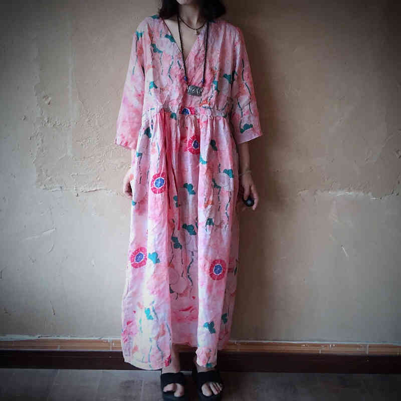 

Johnature Vintage Ramie Print Pink Dress Autumn V-Neck Three Quarter Sleeve A-line Loose Casual Women Sashes Linen Dress 210521