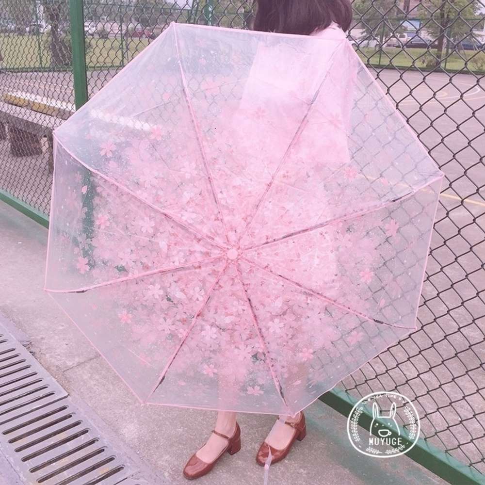 

Creative fresh romc cherry umbrella transparent three fold art folding long handle