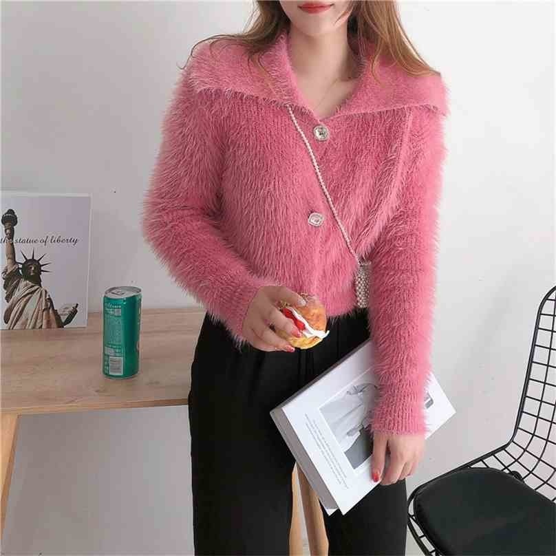 

Women Crop Sweater Spring Autumn Slim Turn Down Collar Single Breasted Button Pink Knit Cardigan Ladies Fluffy Coat 210525