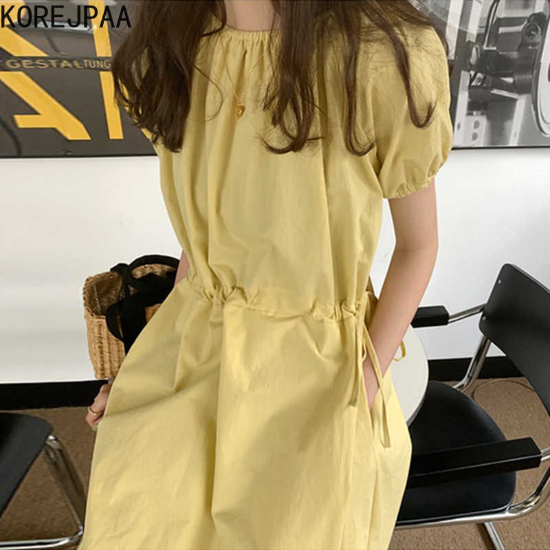 

Korejpaa Women Dress Summer Korean Chic Gentle Lemon Yellow Round Neck Pleated Design High Waist Pocket Puff Sleeve Vestido 210526