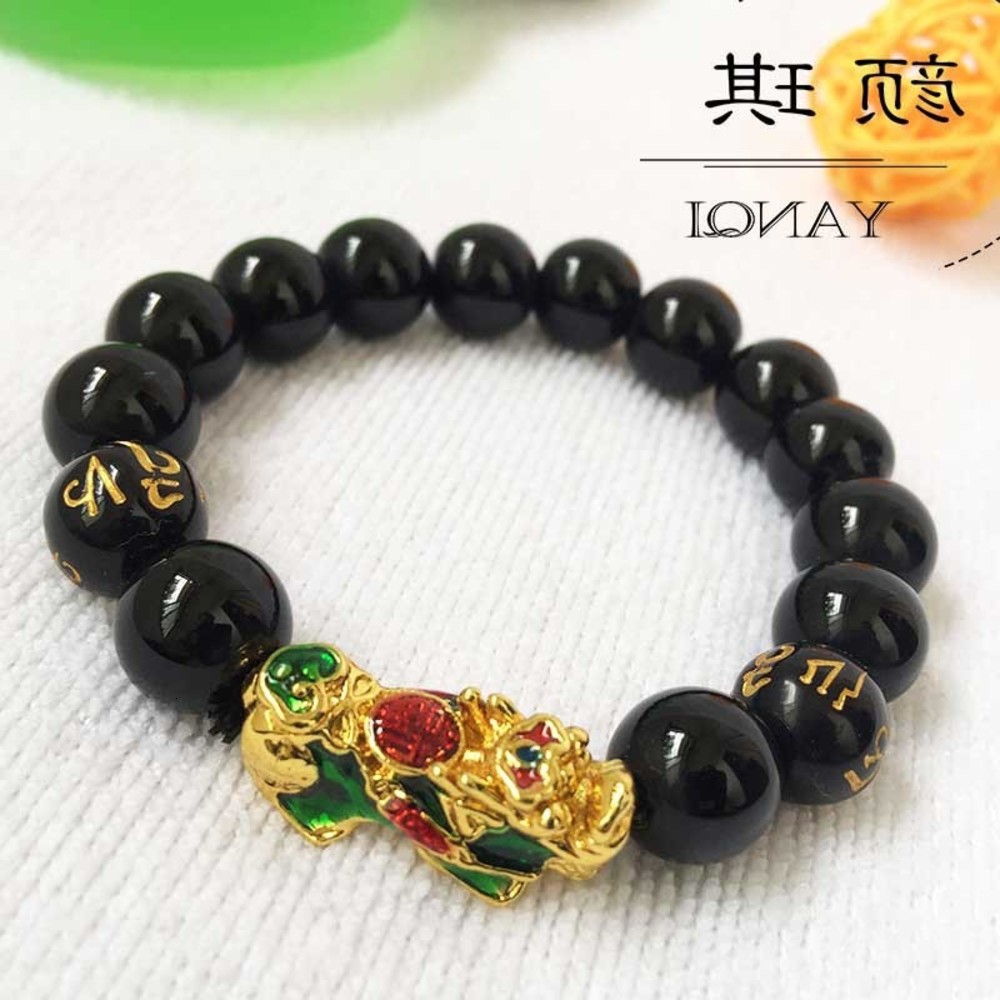 

Hand catenary Gold Plated colorful Bracelet Korean fashion men's life year Obsidian transshipment beads jewelry for women lovers, Black