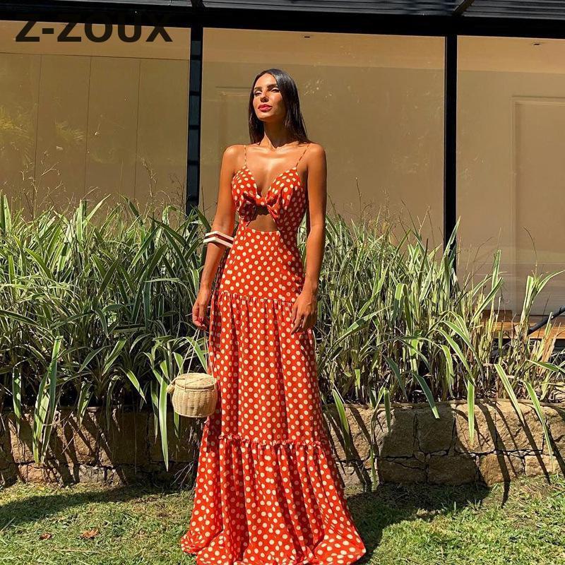 

Women Dress Deep V Neck Backless Bohemia Sexy Dot Print Maxi es Hollow Out High Waist Long Summer es 210524, Orange