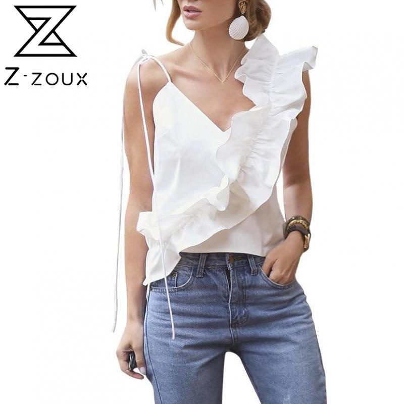 

Women Blouse Sleeveless One Shoulder Shirts V Neck Lace Up Ladies Tops Irregular Ruffles Summer Fashion 210524, White