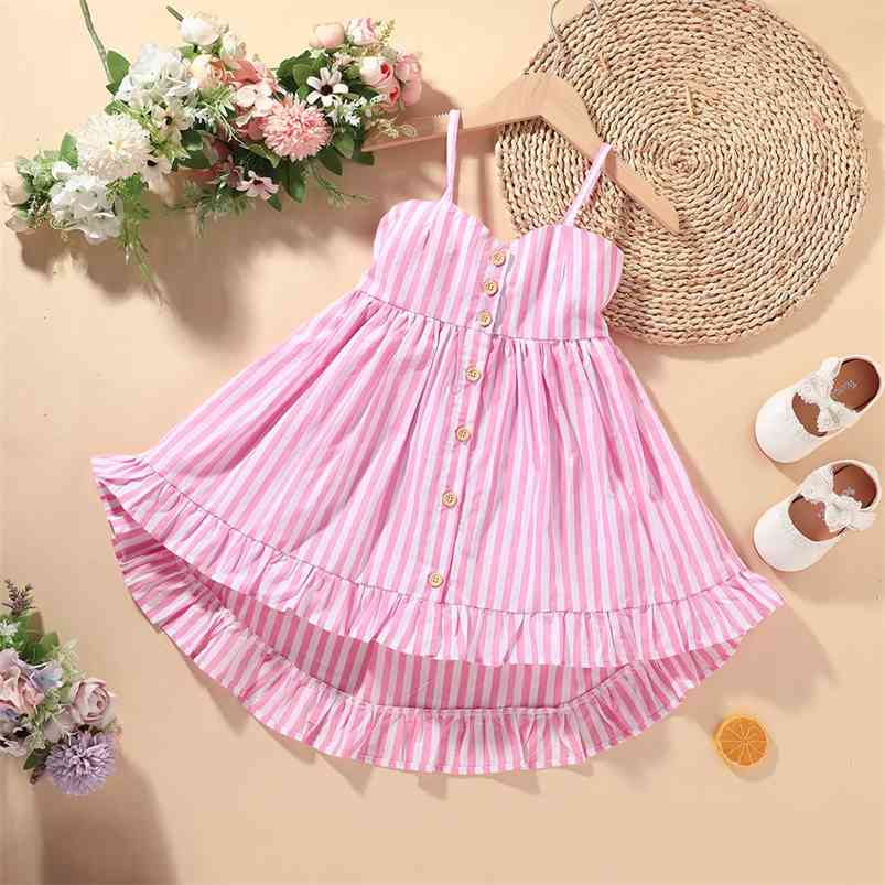 

Summer Girls Dress Cute Strap Single Breasted Pink Striped Vestidos 12M-5T 210629