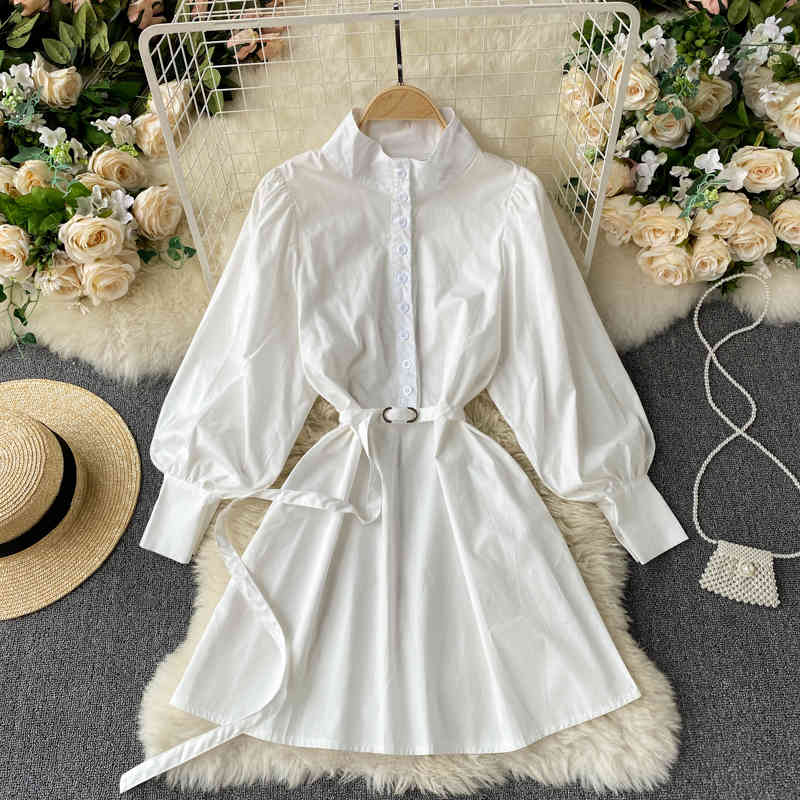 

Women Temperament Puff Sleeve Waist Lace Up A-line Dress Stand Collar Long Fashion Spring Summer 11B330 210525, Black