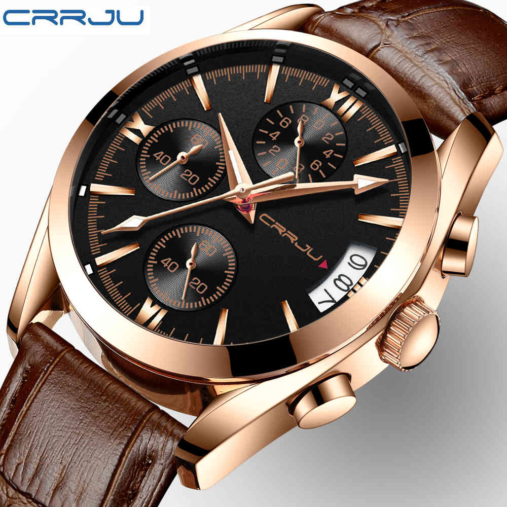 

CRRJU Mens Chronograp Sport Watches Luxury Quartz Gold Watch Men Casual Leather Business Waterproof WristWatch Relogio Masculino 210517, Black gold