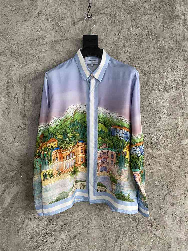 

Casablanca club silk loose Print Shirt snow mountain castle landscape painting silk casual button unisex shirt, White;black