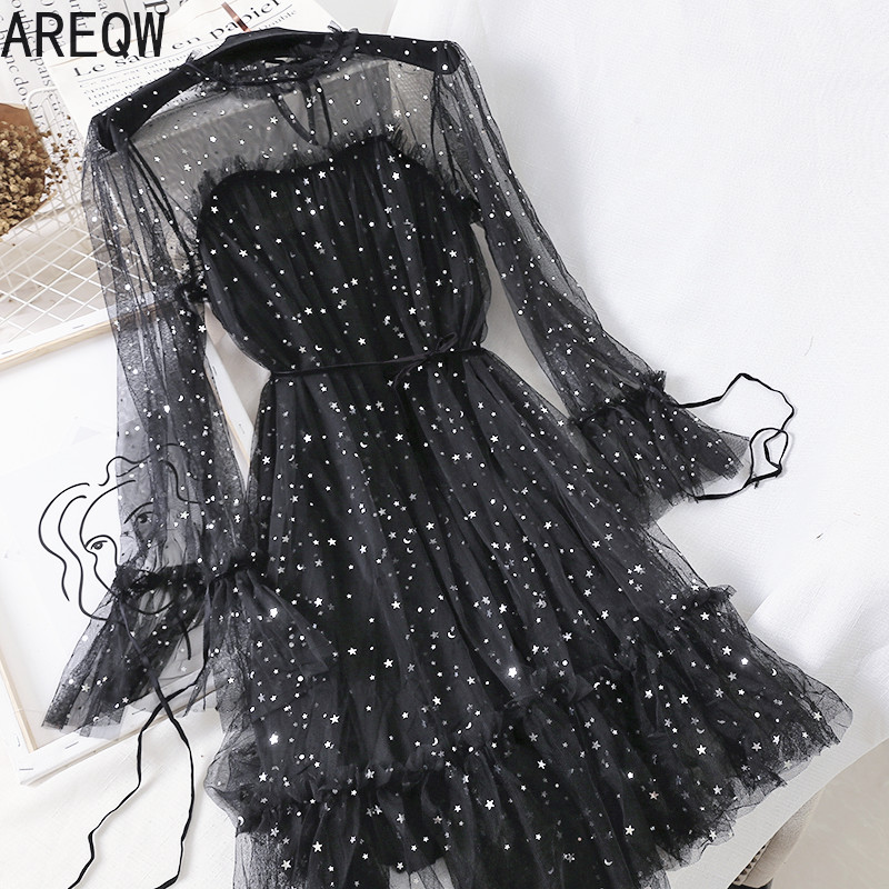 

2021 New Women Summer Clothing Bling Bling Sequined Long Sleeve Dress Elastic Slim Mesh Gauze Tulle Dress, Grey-blue