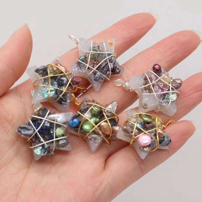 

Charms Natural Semi-precious Stone Irregular Pendant With Five-pointed Star Pearl Color Random For Making Necklace Accessories, Bronze;silver