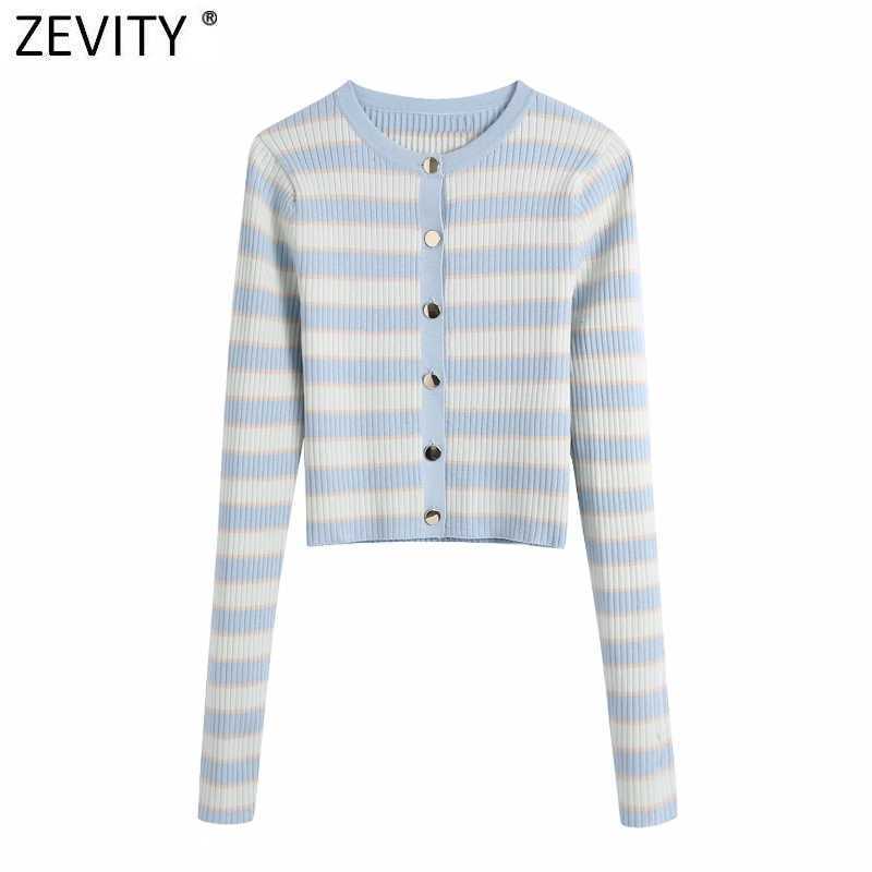 

ZEVITY Women Fashion O Neck Long Sleeve Striped Knitting Sweater Female Breasted Slim Cardigan Sweater Chic Crop Tops SW828 210603, As pic sw828bb