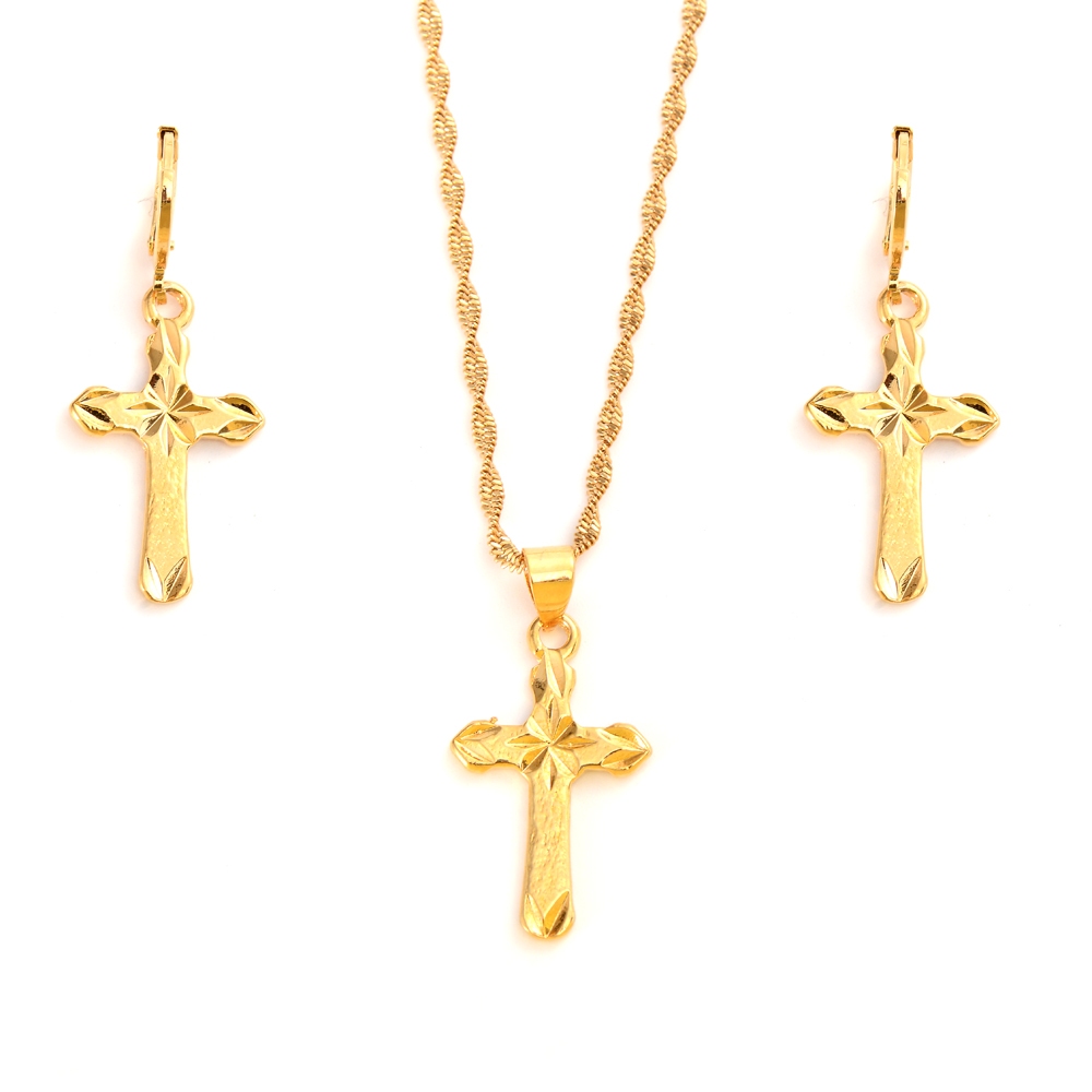 

24 k Yellow Fine gold GF Small Mini Tax stamp cross Pendant chain Earrings set Christian jewelry sets women girl Jesus Gift, Golden