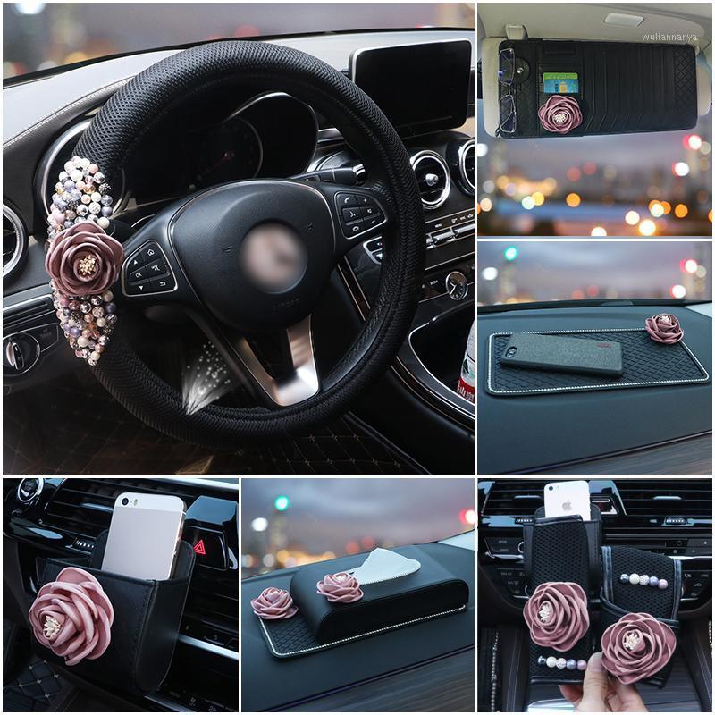 

Steering Wheel Covers Flower Pearl Car Cover Leather Fashion Neck Waist Pillow Universal Styling Tissue Box Women