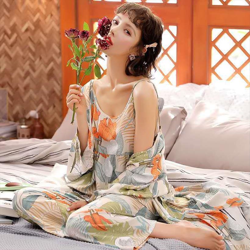 

3pcs pajamas sets printed women sleepwear long sleeve cami pajama sleeveless shirts pants robe set mujer party nightgown, Black;red
