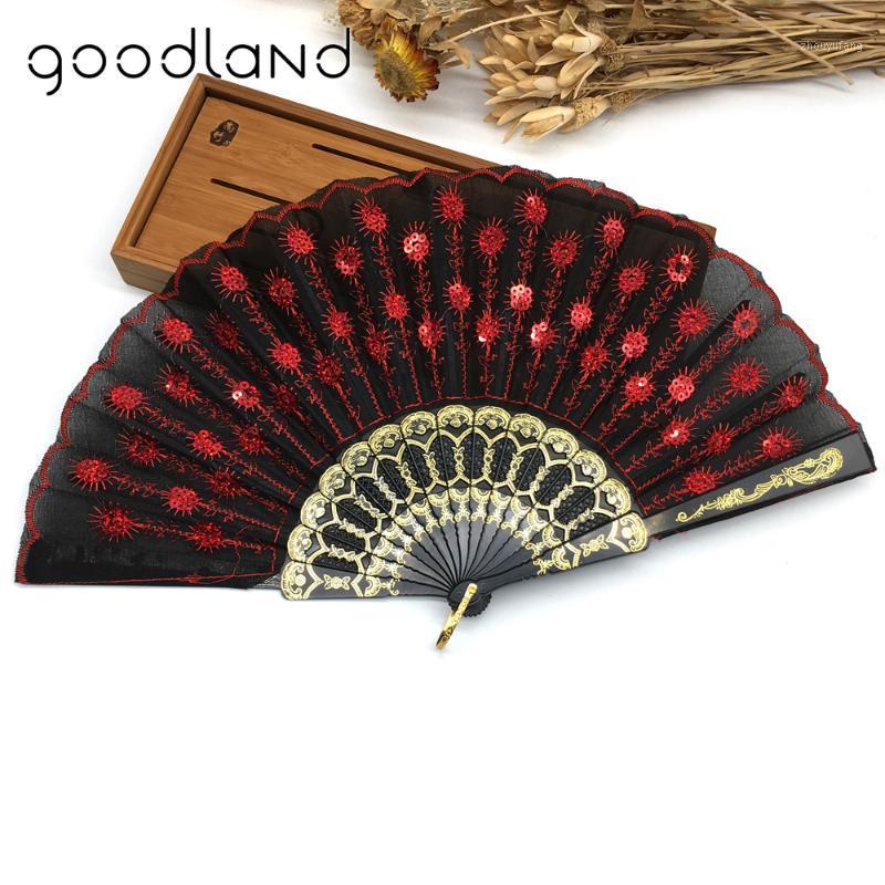 

Party Favor 1pcs Chinese Folding Peacock Pearl Fabric Color Decoration Fan Hand Embroidered Flower Pattern