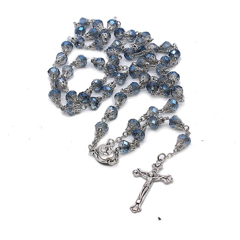 

Pendant Necklaces 8mm Blue Crystal Beads Chain Catholic Rosary Necklace With Holy Land Medal Crucifix Cross Pendants Prayer Religious Jewelr