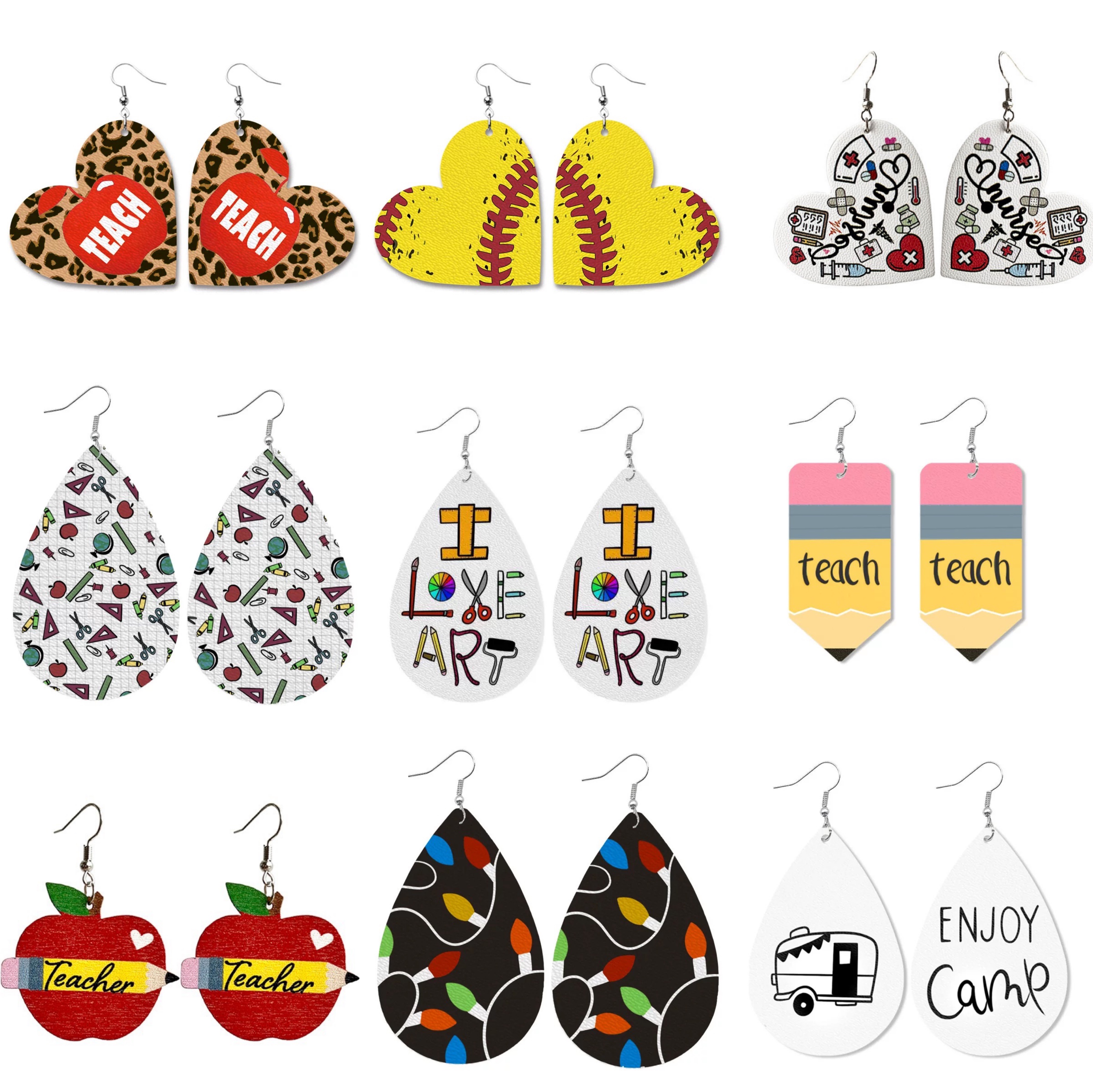 

Teacher Earrings Tie dye Drop Earring Dangle Leather Jewelry Sports Baseball Math Mama Bear styles Pendant Teardrop Earrings Design Stud Fas, Silver