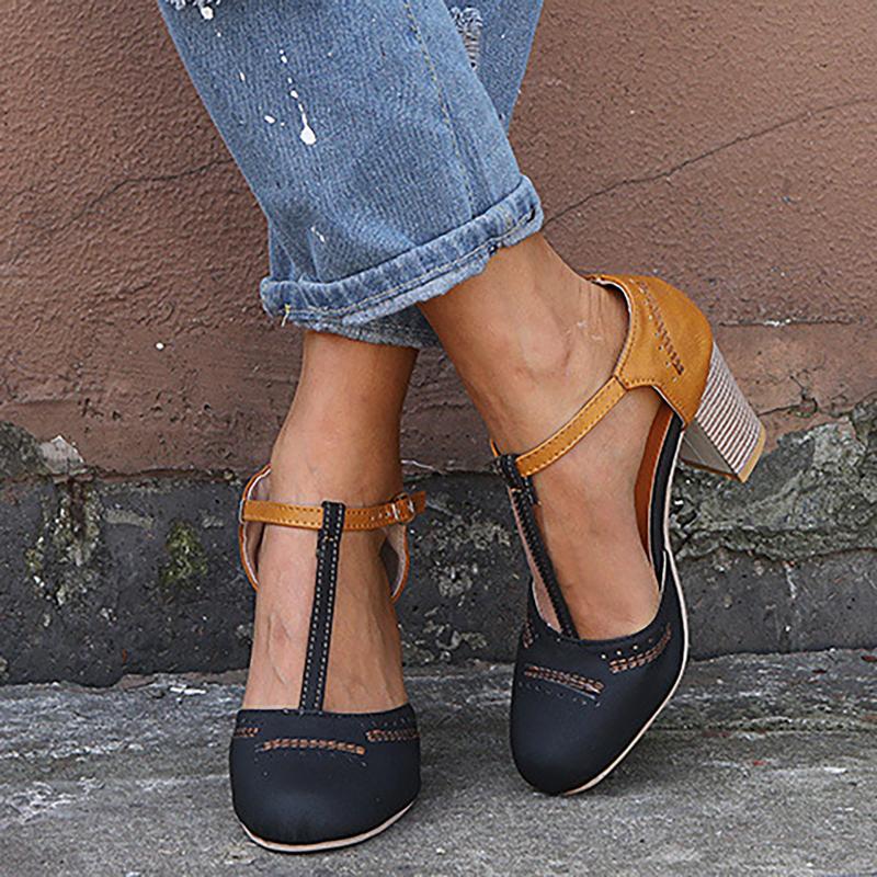 

Sandals Platform Shoes Vintage Women 2021 Square High Heels Summer T-straps Roman Casual Sandalias Mujer, Black