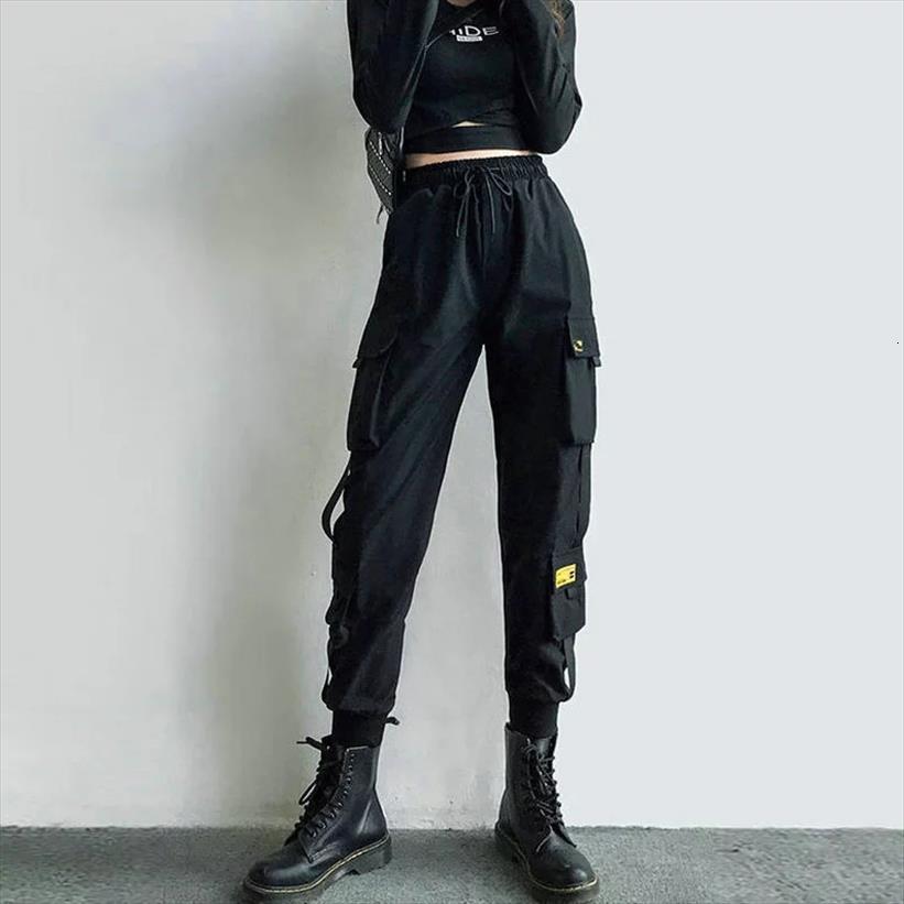 

womens cargo black ribbon pocket women pants jogger elastic waist high streetwear harajuku pant punk females trousers harem
