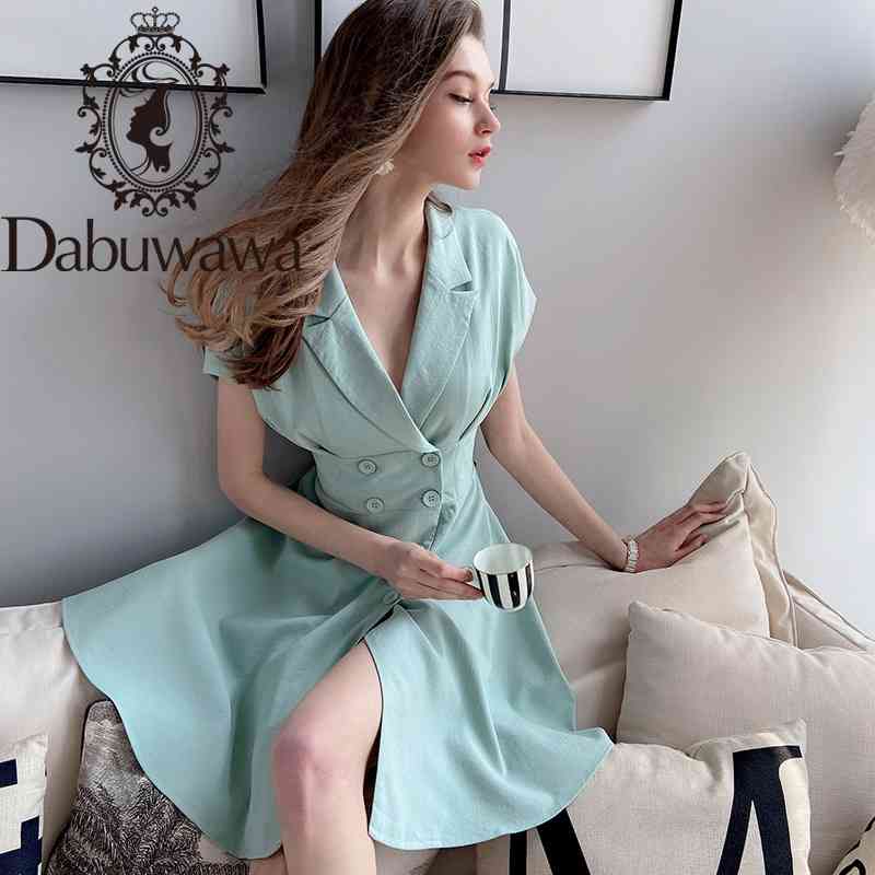 

Dabuwawa Vintage Sexy Solid Split Hem Dress Women Double Breasted Sleeveless V-Neck Party Fit and Flare Dress Female DT1BDR076 210520, Green