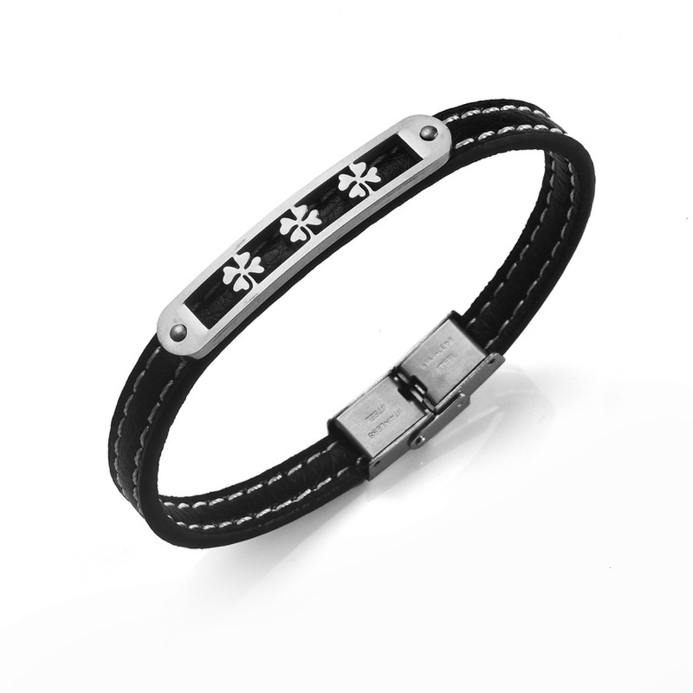 Chino new boutique classic leather bracelet jewelry fashion stainless steel clover Bracelet-image-695896391