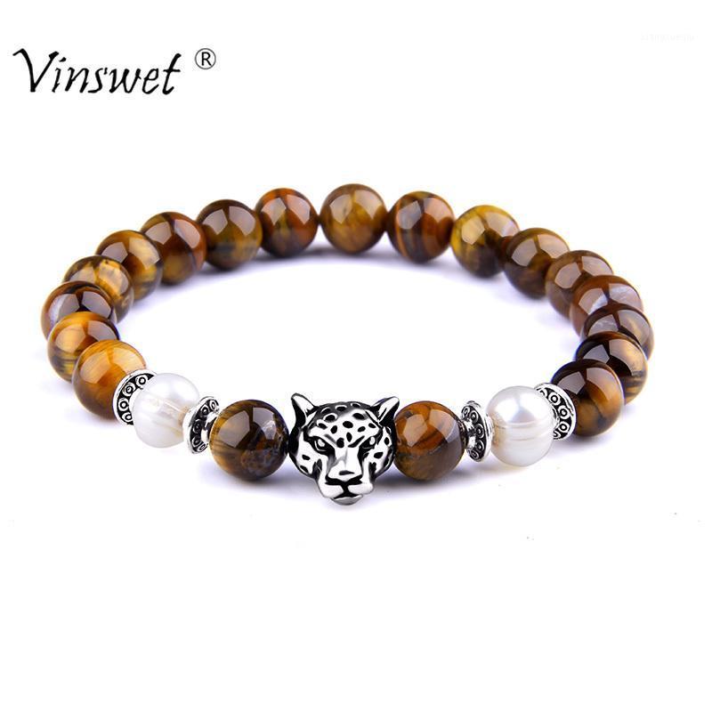 

Beaded, Strands Leopard Head Tiger Eye Stone Pearl Bead Charm Bracelet Men Fashion Buddha Bracelets & Bangle For Women Wristband Pulseras Ho, Black