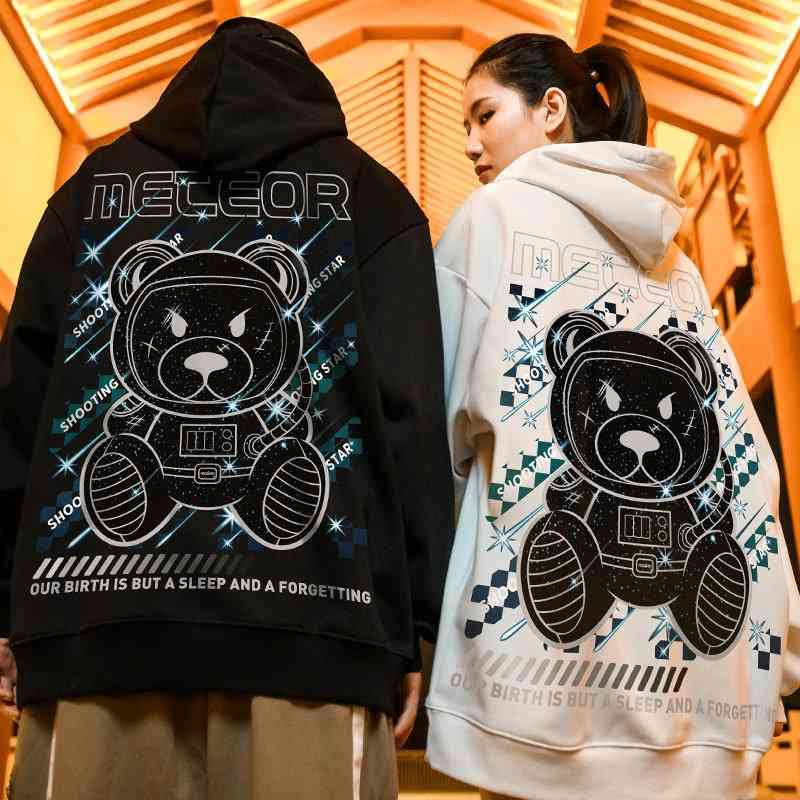 

Guochao oversize Plush Bear sweater wo autumn winter hooded tide brand large men's couple's jacket, Black