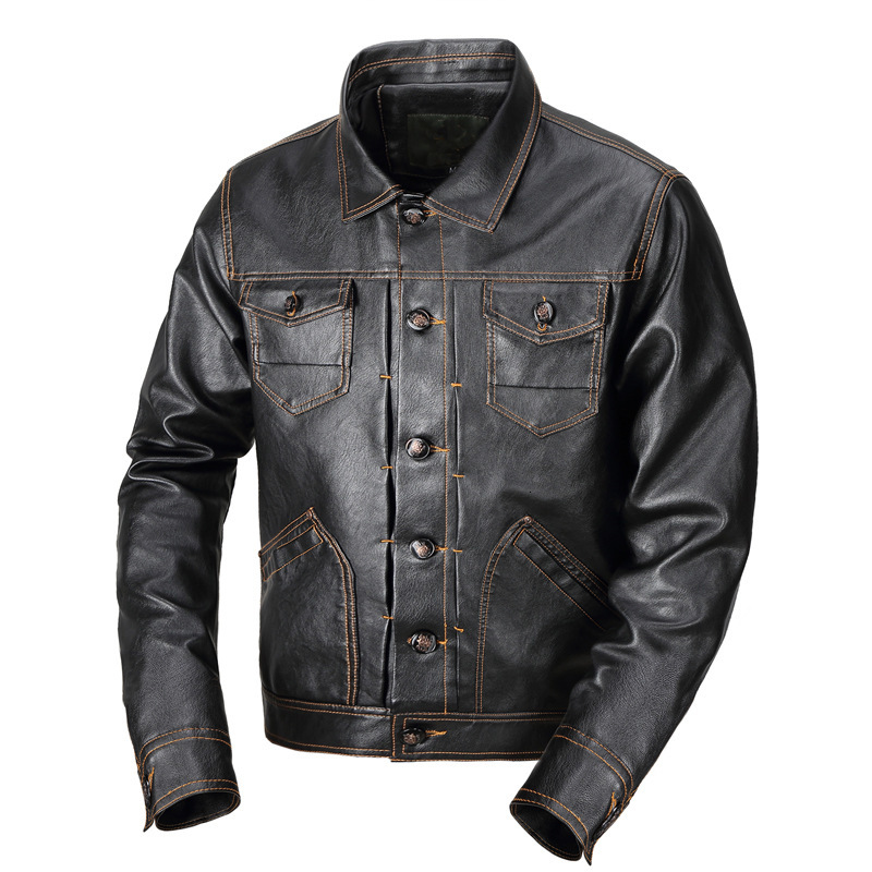 

Men' autumn and winter PU leather clothes washing casual men' jacket, Brown