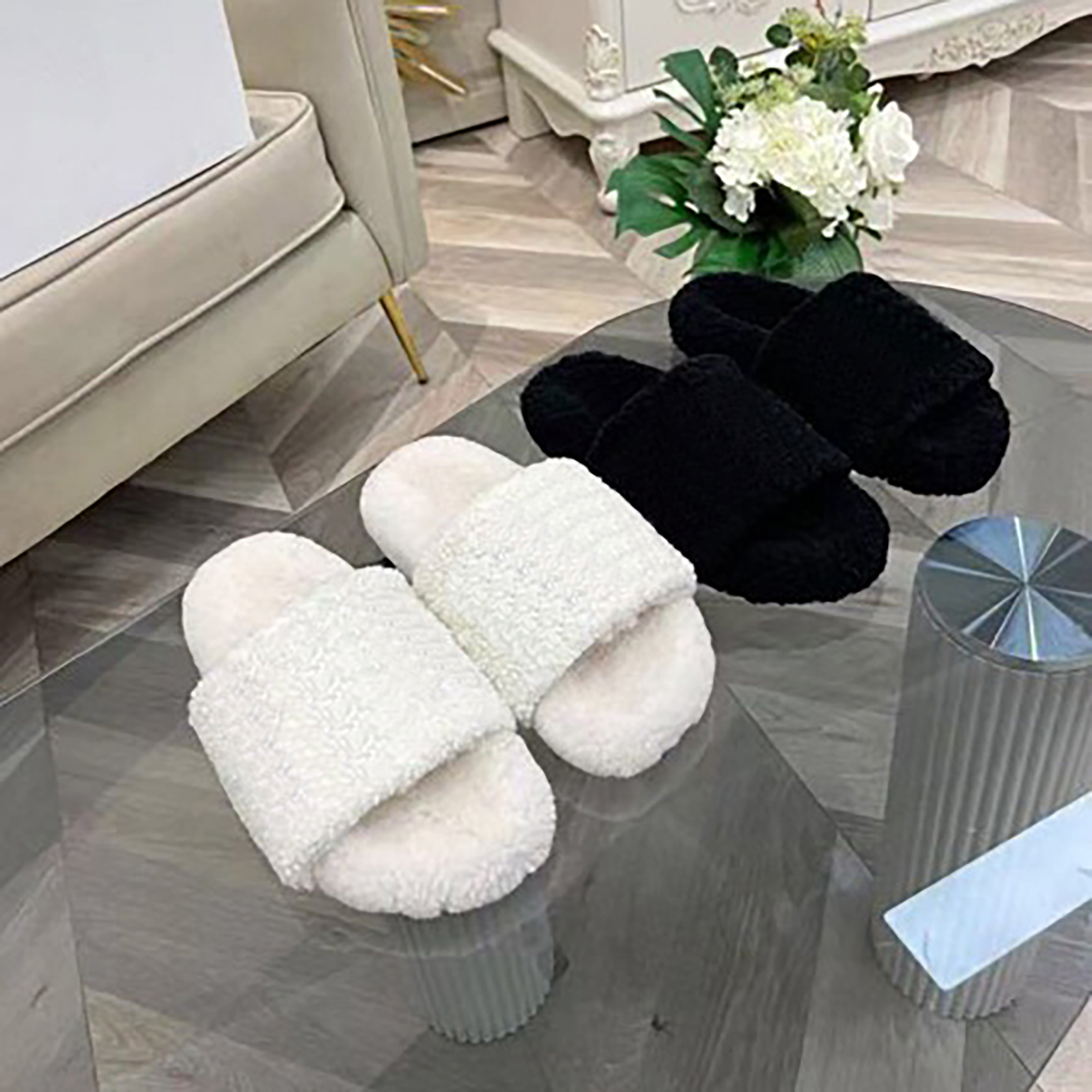 

Wool Top Shoes Desiner Winter Plush Slippers Indoor Hotle Warm Fox Fur Sandals for Women Slides QUALITY with Box Size 42