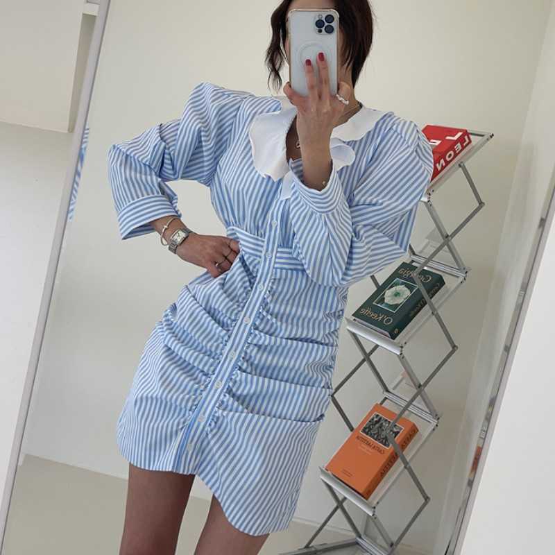 

Puff Long Sleeve Mini Stripe Shirt Dress Summer Women Lapel V-neck Ruched Bodycon Elegant Casual 210526, Photo color
