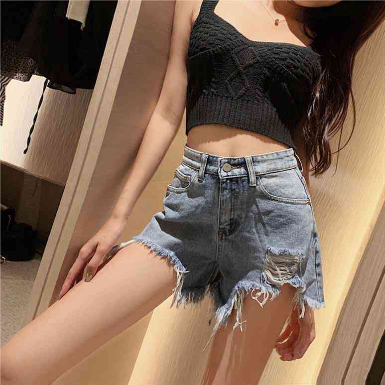 

vintage womens shorts summer style high-waist slim loose ripped wide-legged jean shorts female woman streetwear, White;black