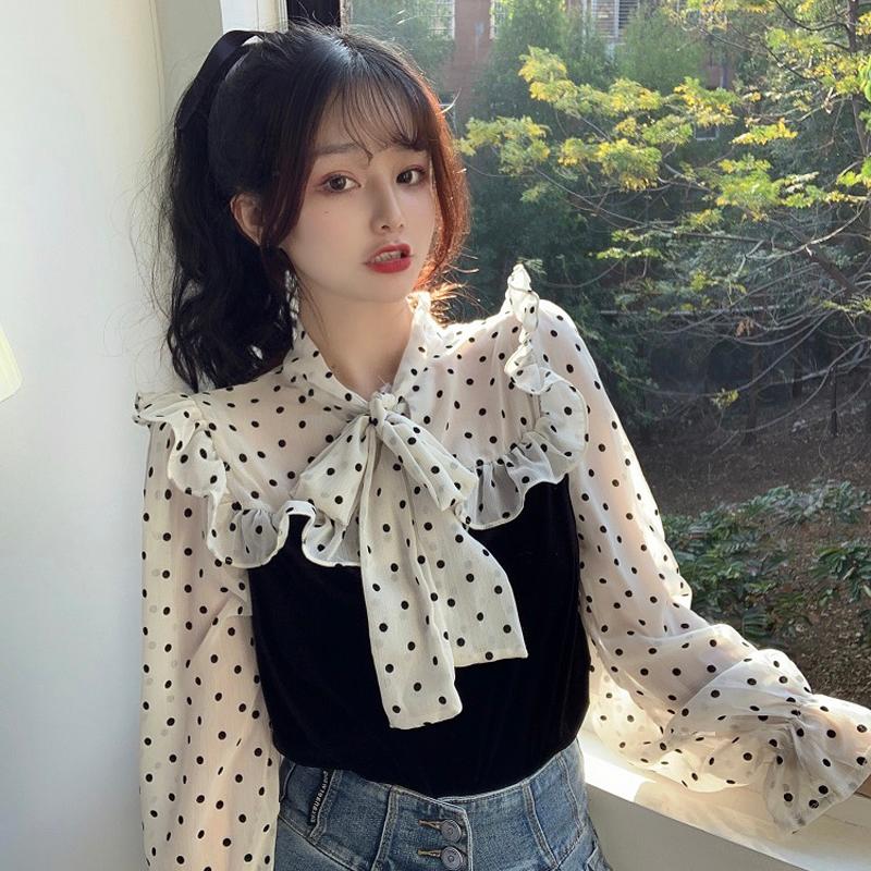 

Women's Blouses & Shirts Retro Elegant Stand Flare Sleeve Polka Dot Blouse Women Fake Two Piece Bow Lace Up Tops Long Blusas Mujer Fashion C, White