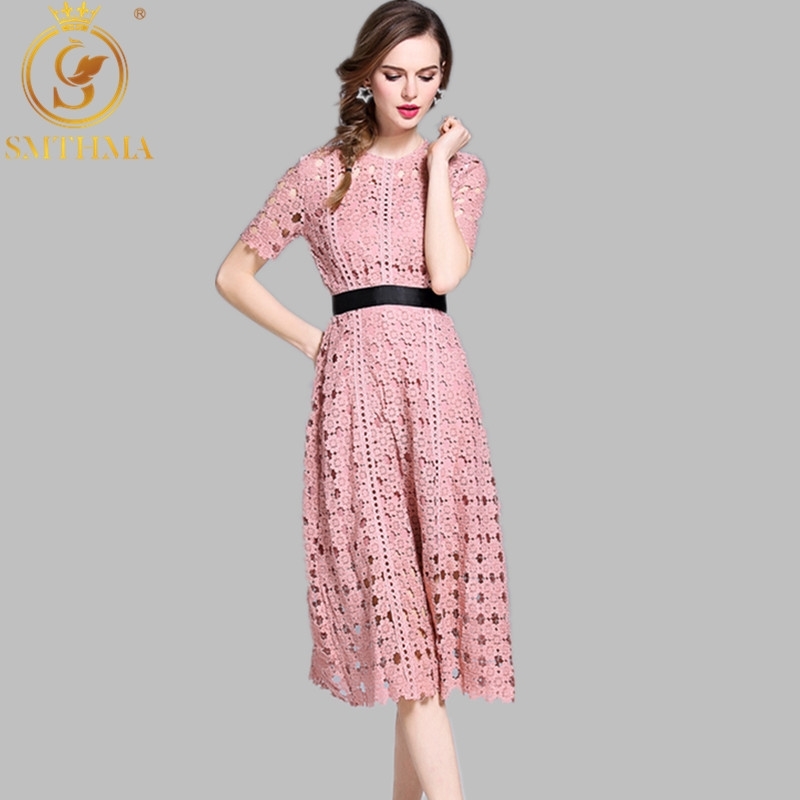 

Arrival Chic Gorgeous White Pink Elegant Lace Hollow Out Dress Women Fashion Short Sleeve Summer Dresses 210520, Picture color