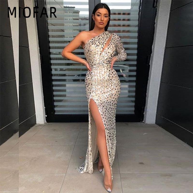 

Casual Dresses Evening Party Dress Women Sparkly Gilding Slim For Woman Long Sleeve One-Shoulder Sexy Bodycon Split Vestidos Robe, Apricot