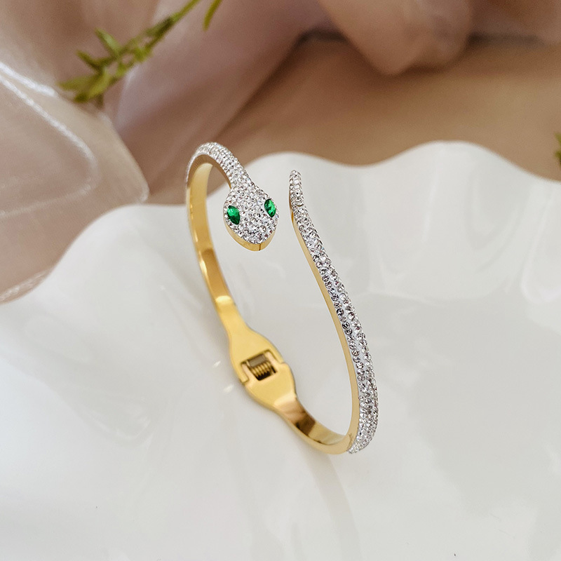 Micro Pave Snake Shape Stainless Steel Bangle Luxury Top Grade Bracelets-image-754437358