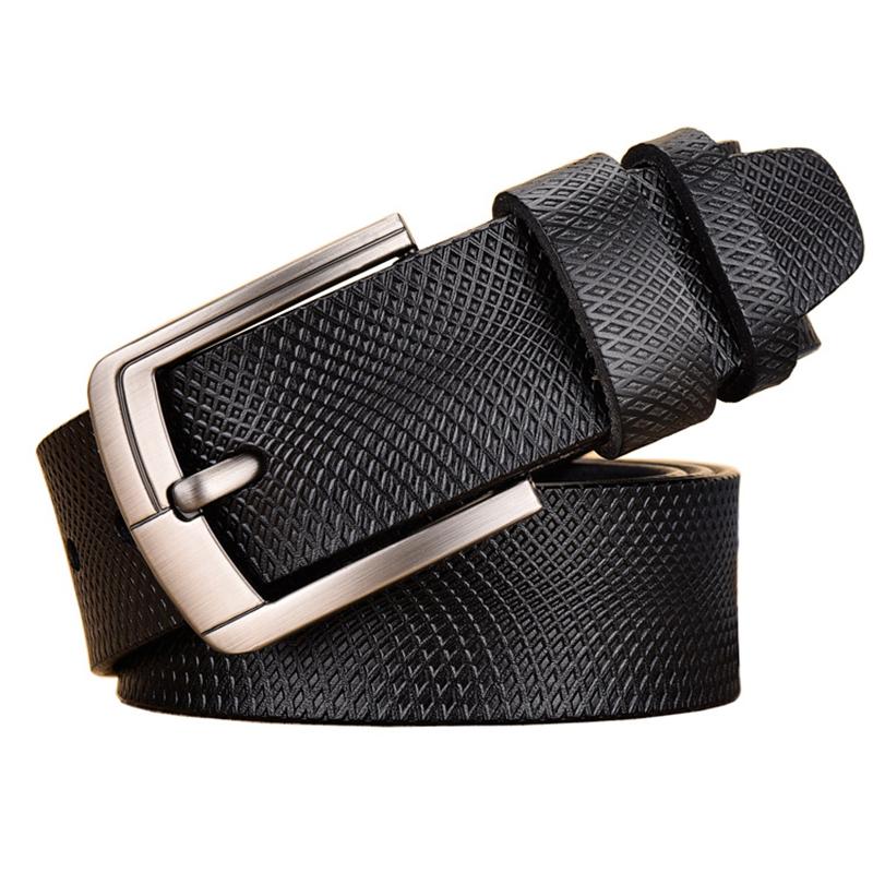 

Belts Casual Cowskin Belt Men Accessories Genuine Leather For Vintage Pin Buckle Grid Embossing Mens Gift Man PD05, Black