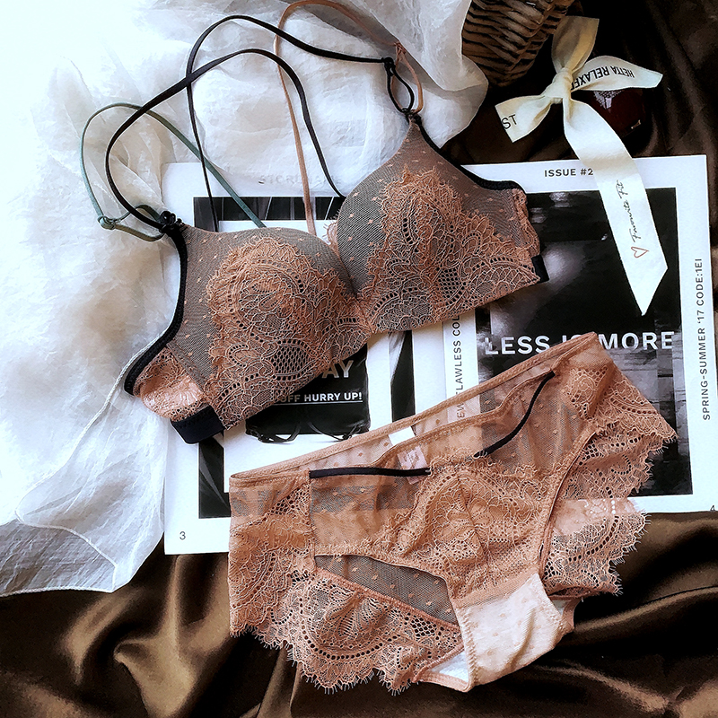 

Sexy seamless beauty ba front button bra set for women without underwire small chest and thiening lingerie sets intimates, Beige